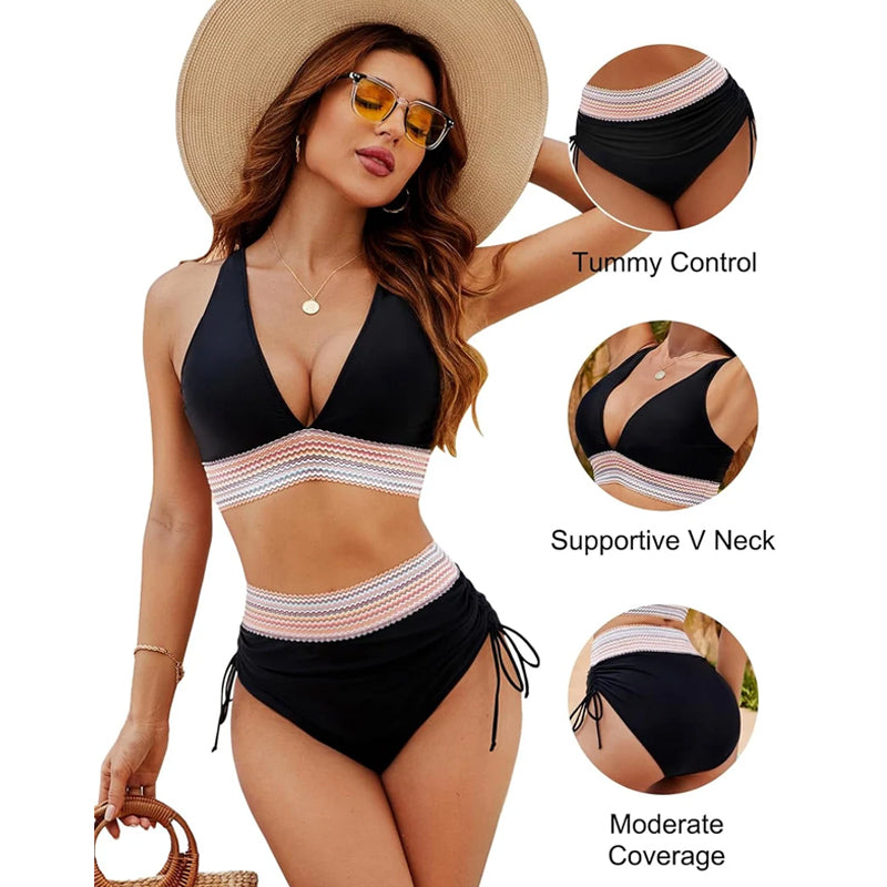 🔥S~4XL available🔥2025 High-waisted bikini set with tummy control in color bloc