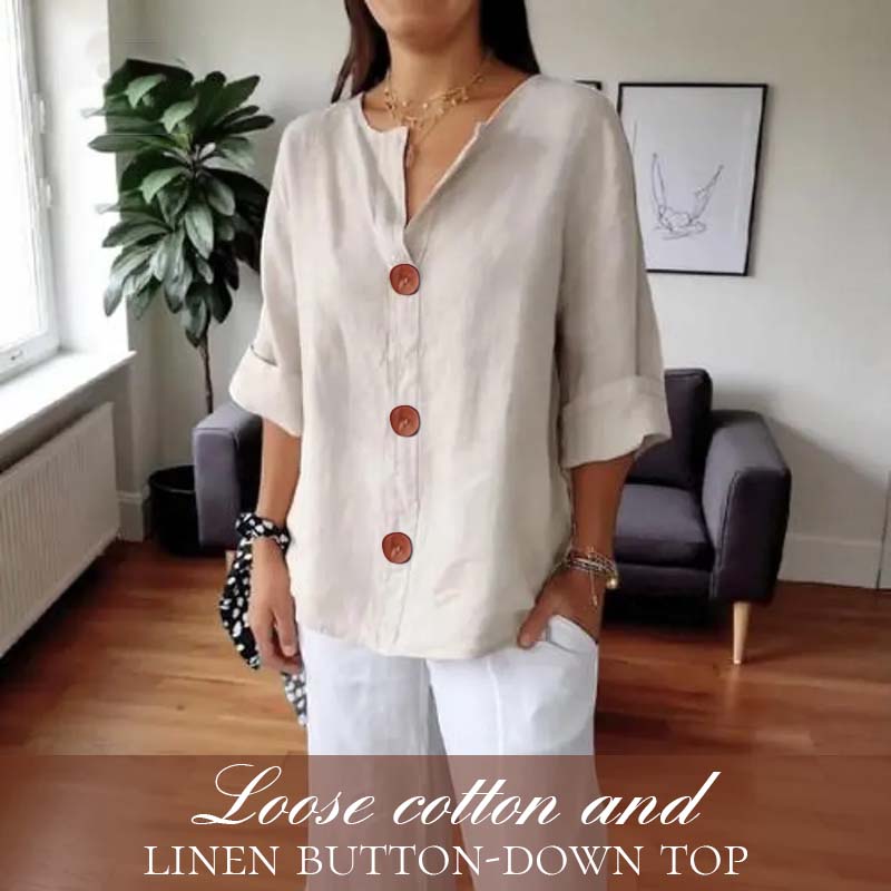Loose Cotton and Linen Shirt with Button Fastenin🍃