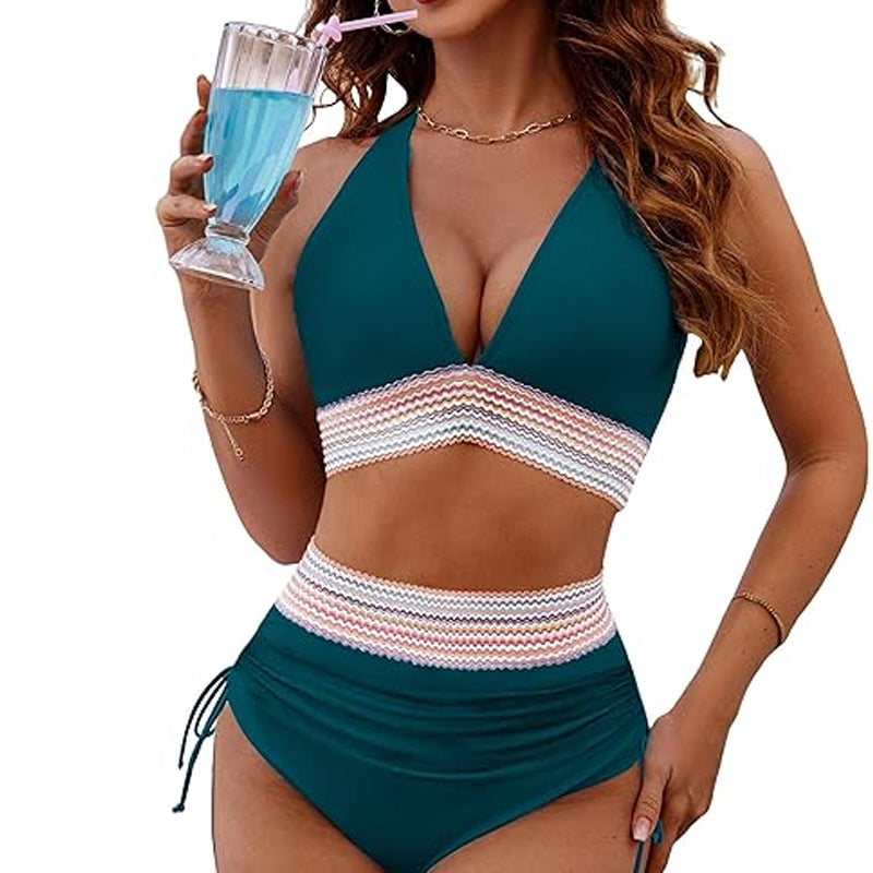🔥S~4XL available🔥2025 High-waisted bikini set with tummy control in color bloc
