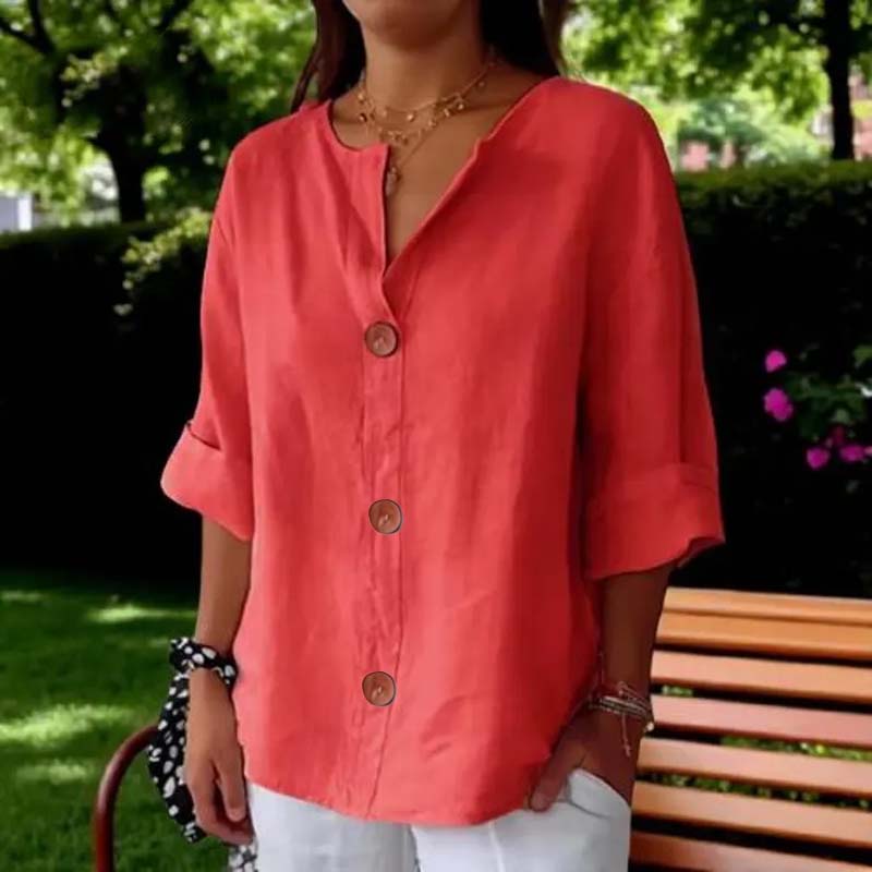 Loose Cotton and Linen Shirt with Button Fastenin🍃