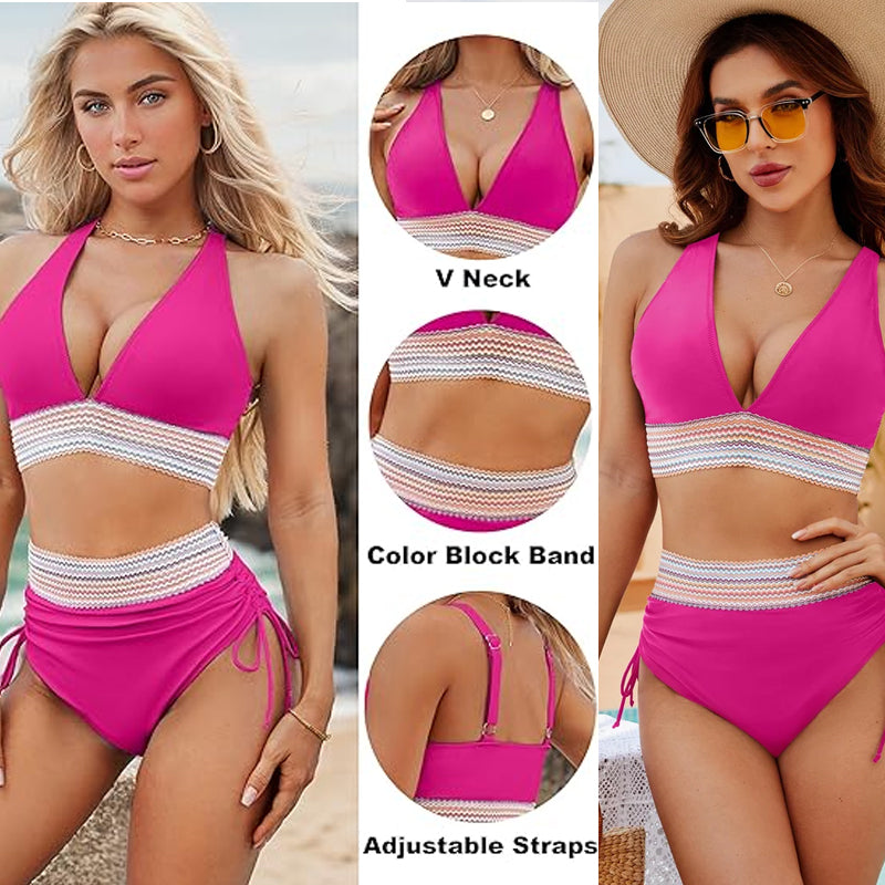 🔥S~4XL available🔥2025 High-waisted bikini set with tummy control in color bloc