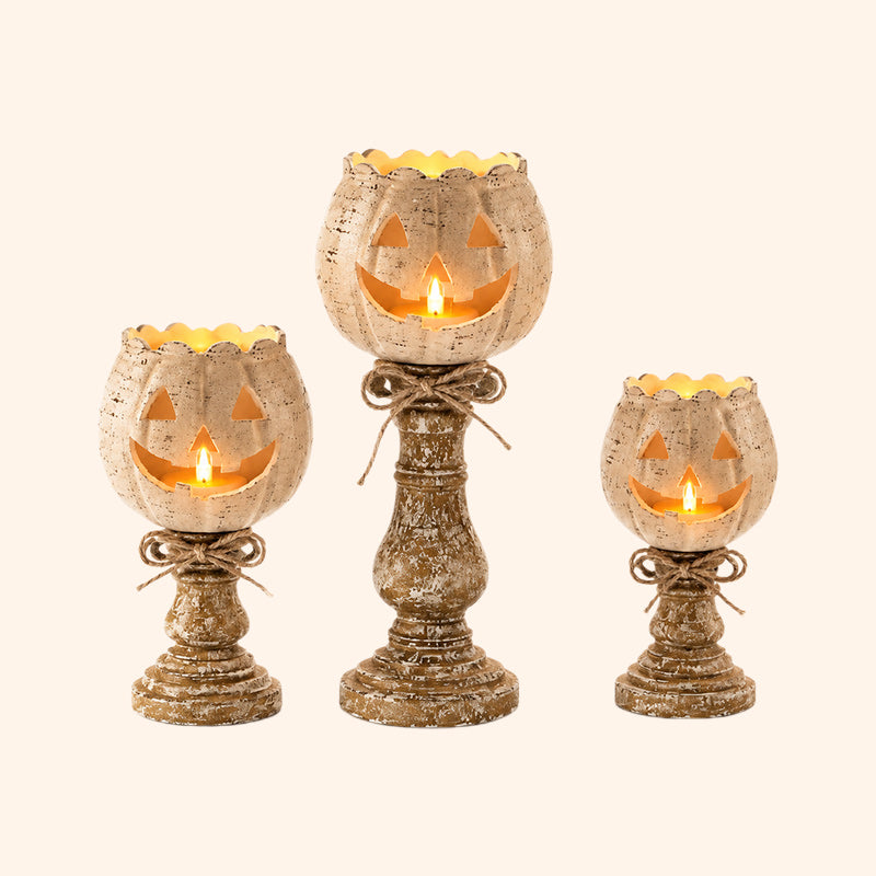 🎃 Cute Pumpkin Candle Holder: Rustic Pedestal Jack-O'-Lantern Decor! 🕯️