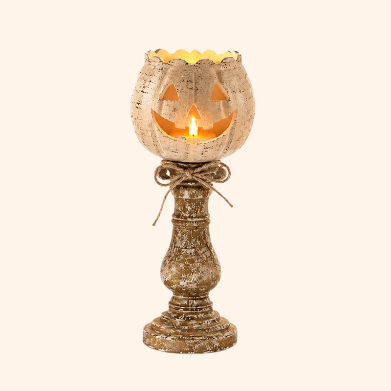 🎃 Cute Pumpkin Candle Holder: Rustic Pedestal Jack-O'-Lantern Decor! 🕯️