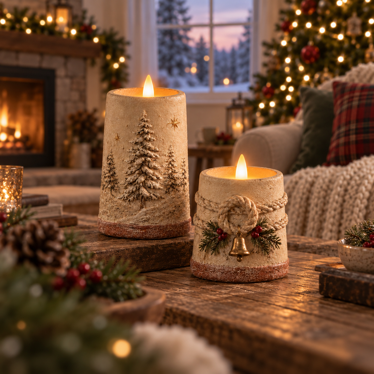 🎄🕯️ Rustic Christmas Decor with Flameless LED Candles