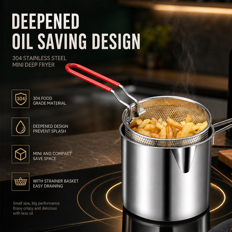 🍟 Mini Deep Fryer Pot Made of 304 Stainless Steel with Drain Basket