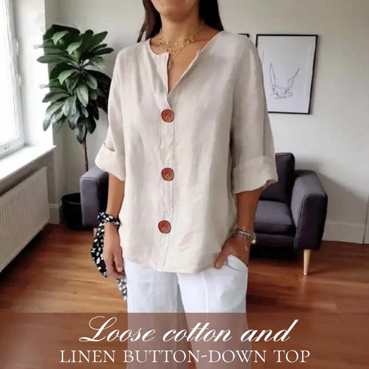 Loose Cotton and Linen Shirt with Button Fastenin🍃