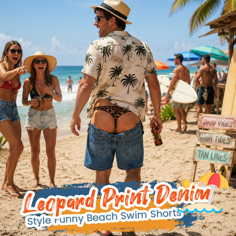 🩳 Fun cowboy‑style leopard print beach swim shorts