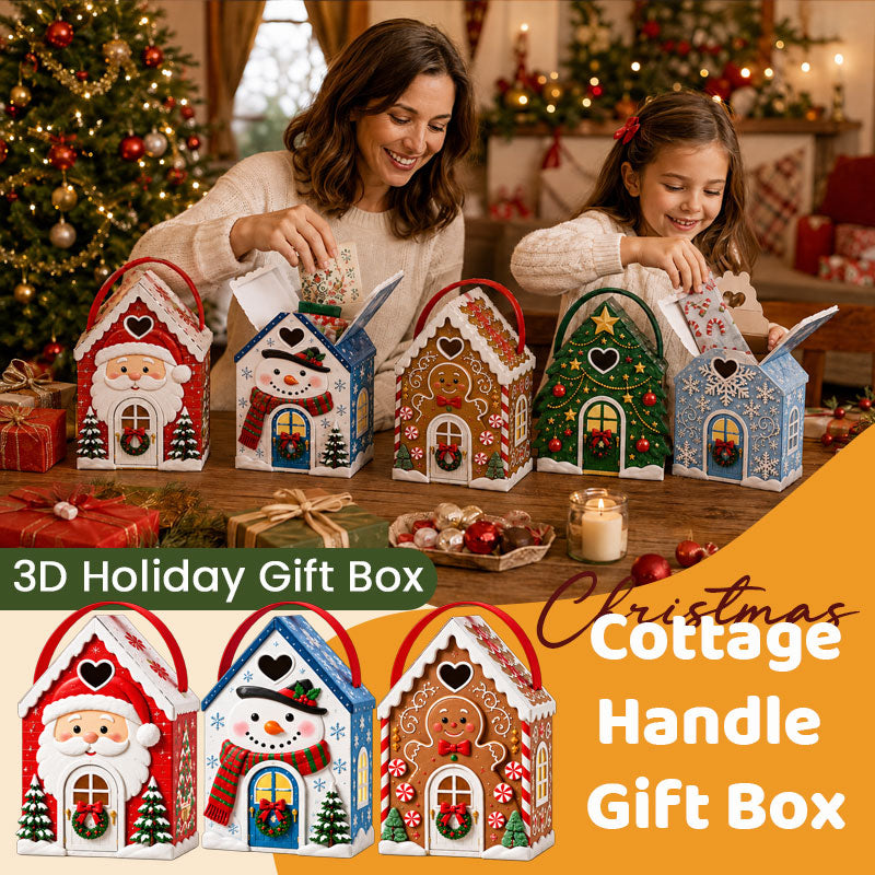 🏠🎄 "Christmas Cottage" Gift Box with Handle — 5 festive designs, house‑shaped packaging with carrying handle