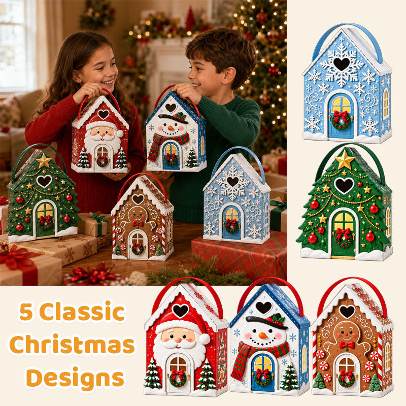 🏠🎄 "Christmas Cottage" Gift Box with Handle — 5 festive designs, house‑shaped packaging with carrying handle