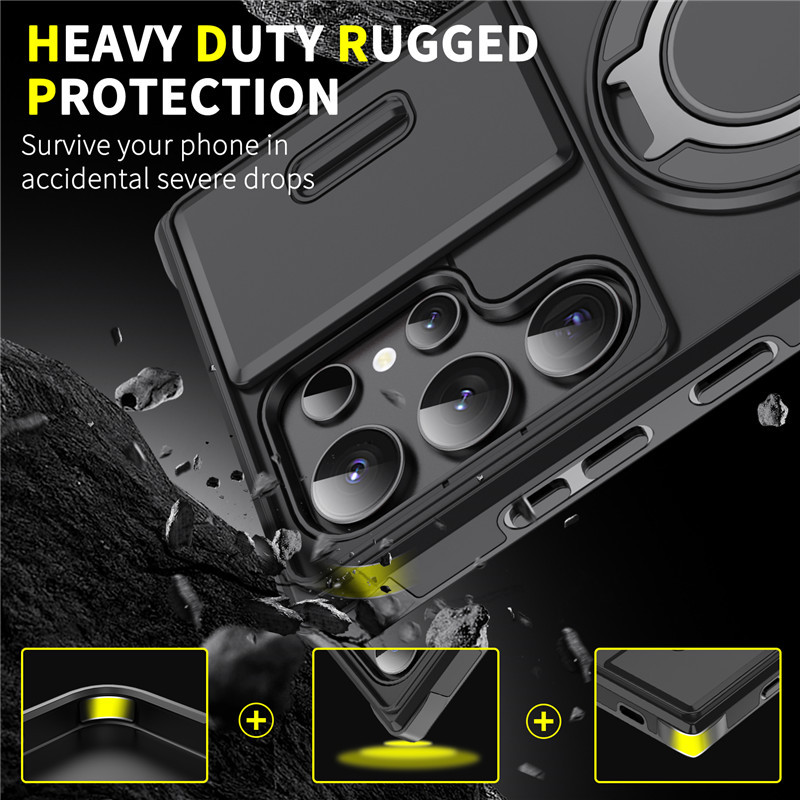 Galaxy S Series Armor Case 🛡️ Sliding Camera Protector & 360° Ring Stand 🧲 Magnetic Compatibility