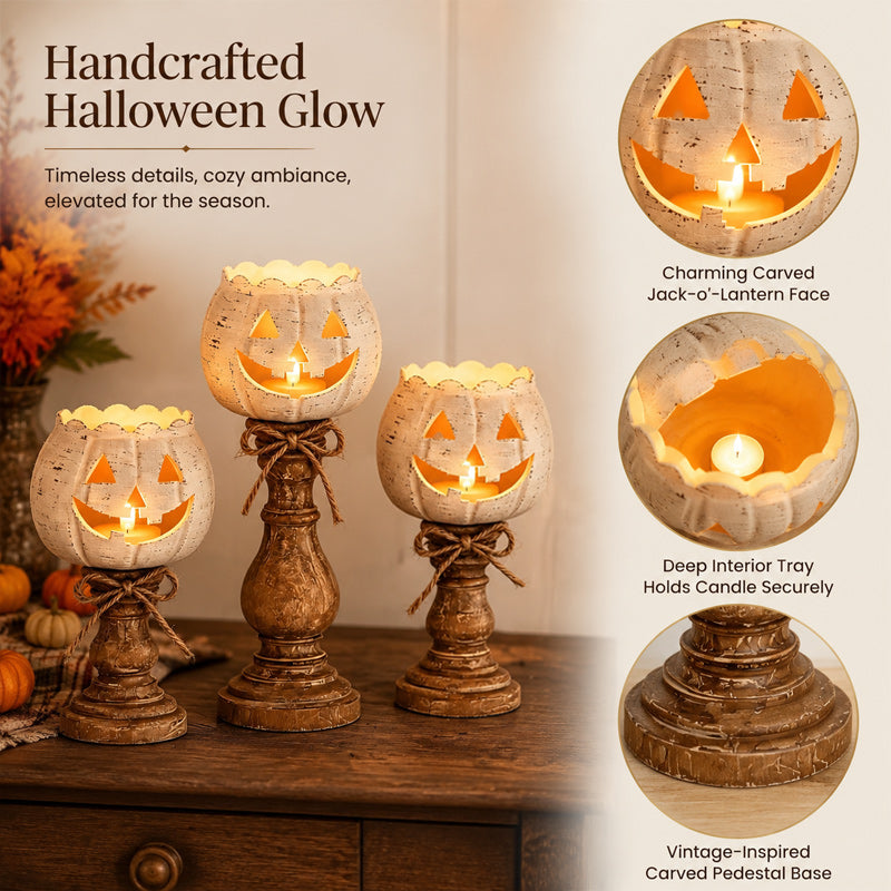 🎃 Cute Pumpkin Candle Holder: Rustic Pedestal Jack-O'-Lantern Decor! 🕯️