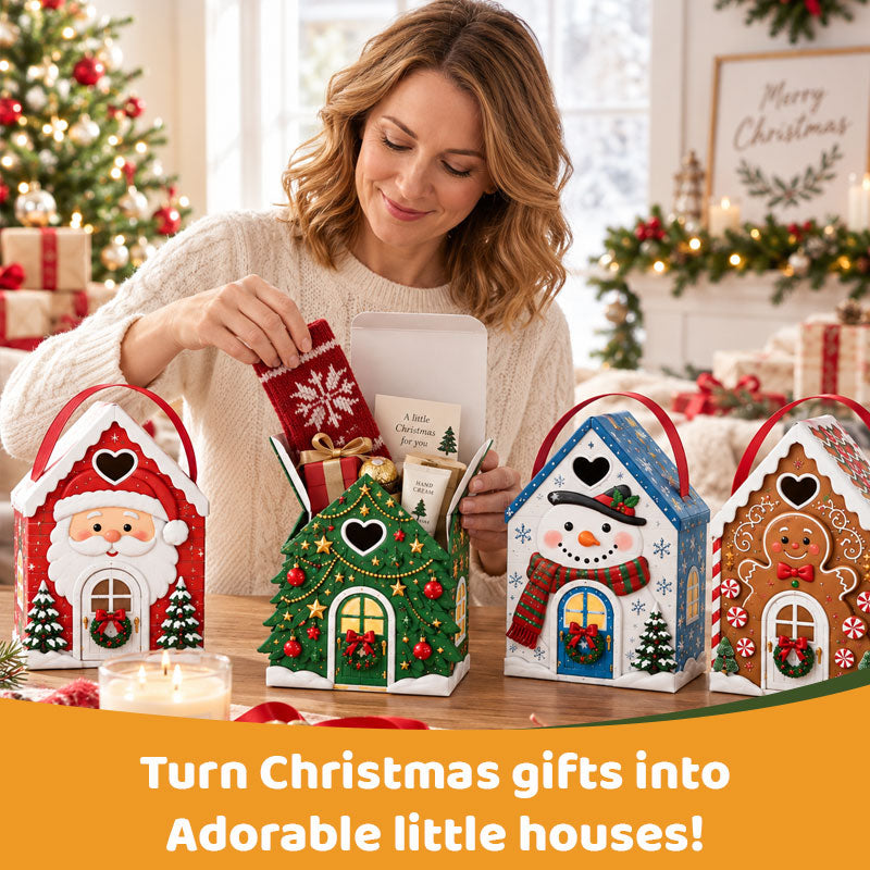 🏠🎄 "Christmas Cottage" Gift Box with Handle — 5 festive designs, house‑shaped packaging with carrying handle
