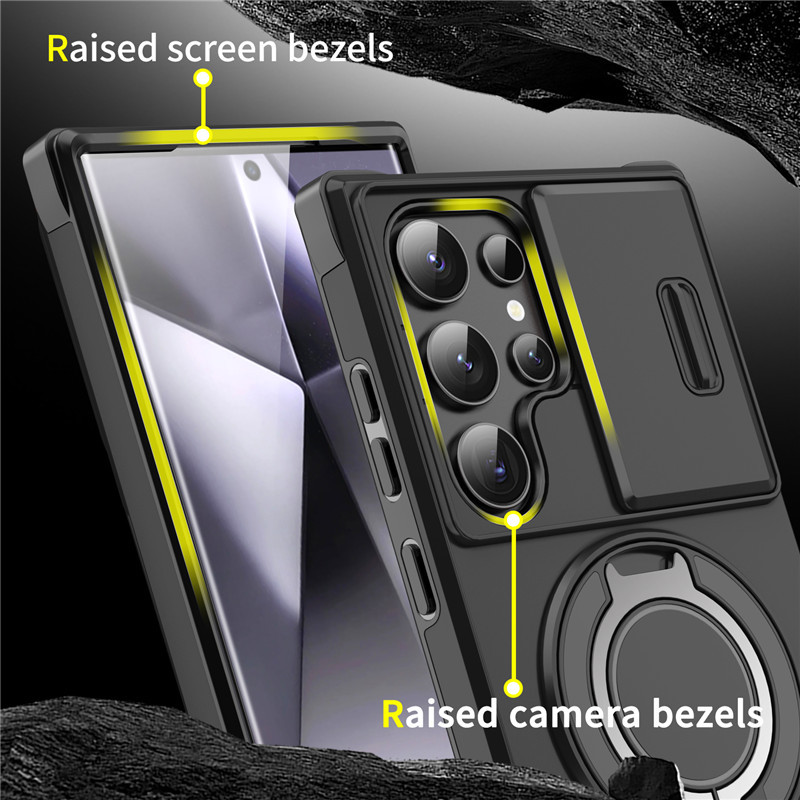 Galaxy S Series Armor Case 🛡️ Sliding Camera Protector & 360° Ring Stand 🧲 Magnetic Compatibility
