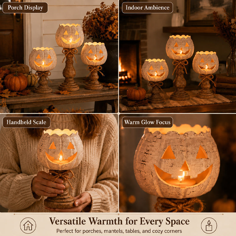 🎃 Cute Pumpkin Candle Holder: Rustic Pedestal Jack-O'-Lantern Decor! 🕯️