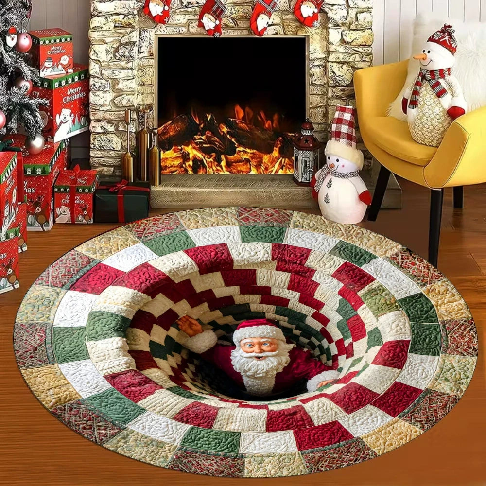 🌀 3D Illusion Christmas Rug 🎄 | Round, Non-Slip & Washable | Eye-Catching Home Decor ✨