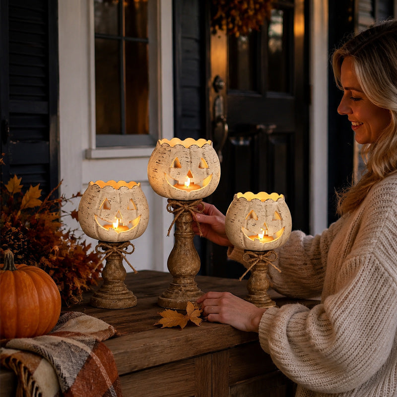 🎃 Cute Pumpkin Candle Holder: Rustic Pedestal Jack-O'-Lantern Decor! 🕯️