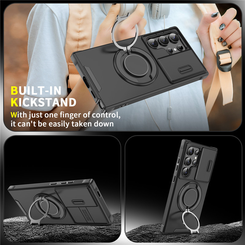 Galaxy S Series Armor Case 🛡️ Sliding Camera Protector & 360° Ring Stand 🧲 Magnetic Compatibility