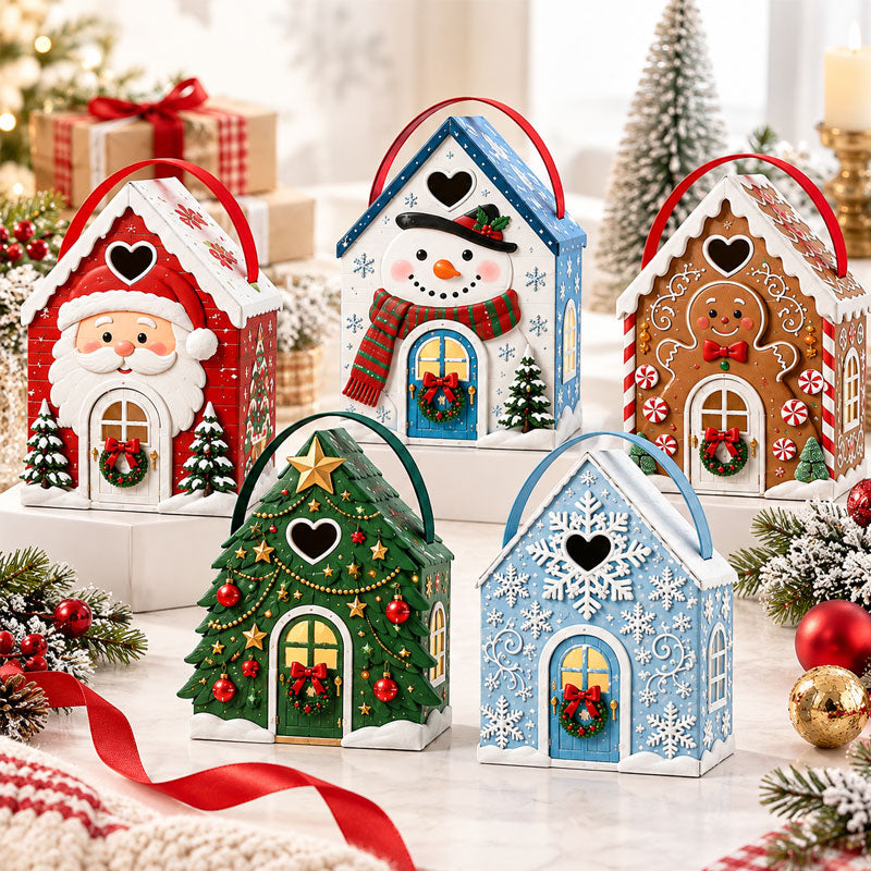 🏠🎄 "Christmas Cottage" Gift Box with Handle — 5 festive designs, house‑shaped packaging with carrying handle