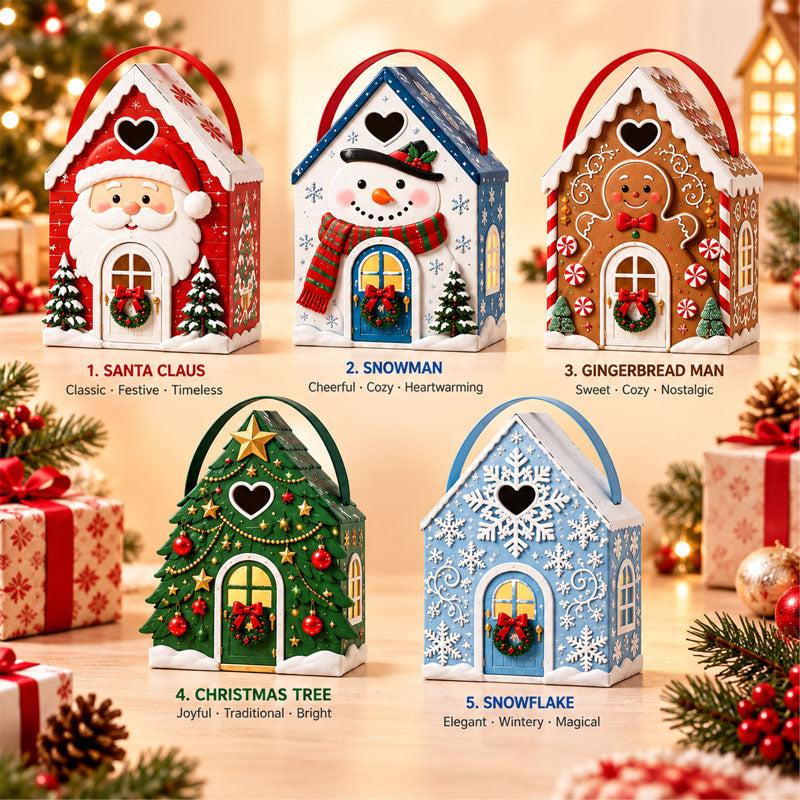 🏠🎄 "Christmas Cottage" Gift Box with Handle — 5 festive designs, house‑shaped packaging with carrying handle