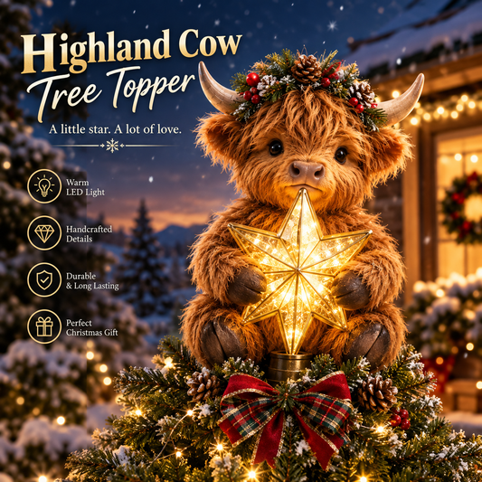 🎄 Baby Highland cow as a shining star‑shaped tree ornament ✨