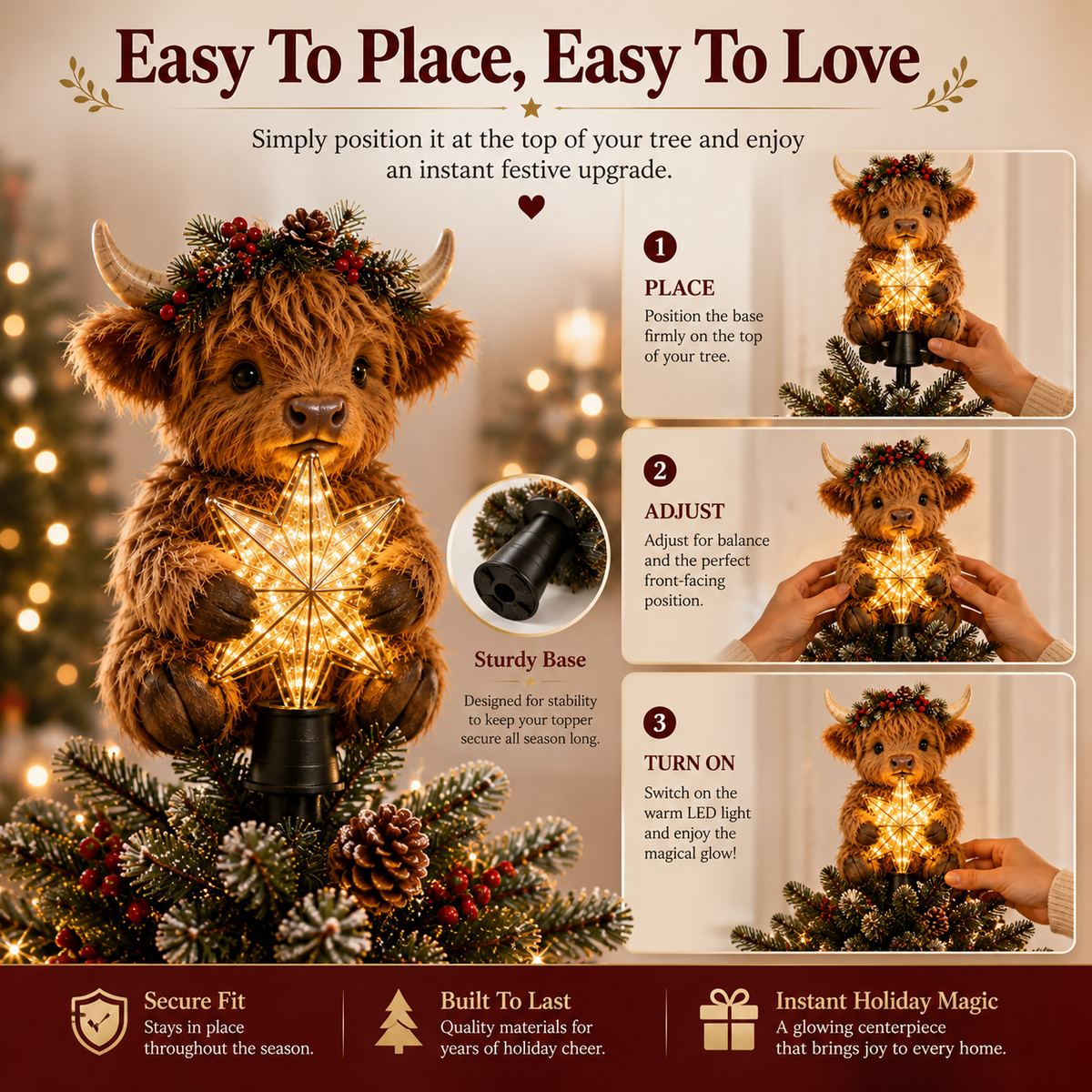 🎄 Baby Highland cow as a shining star‑shaped tree ornament ✨