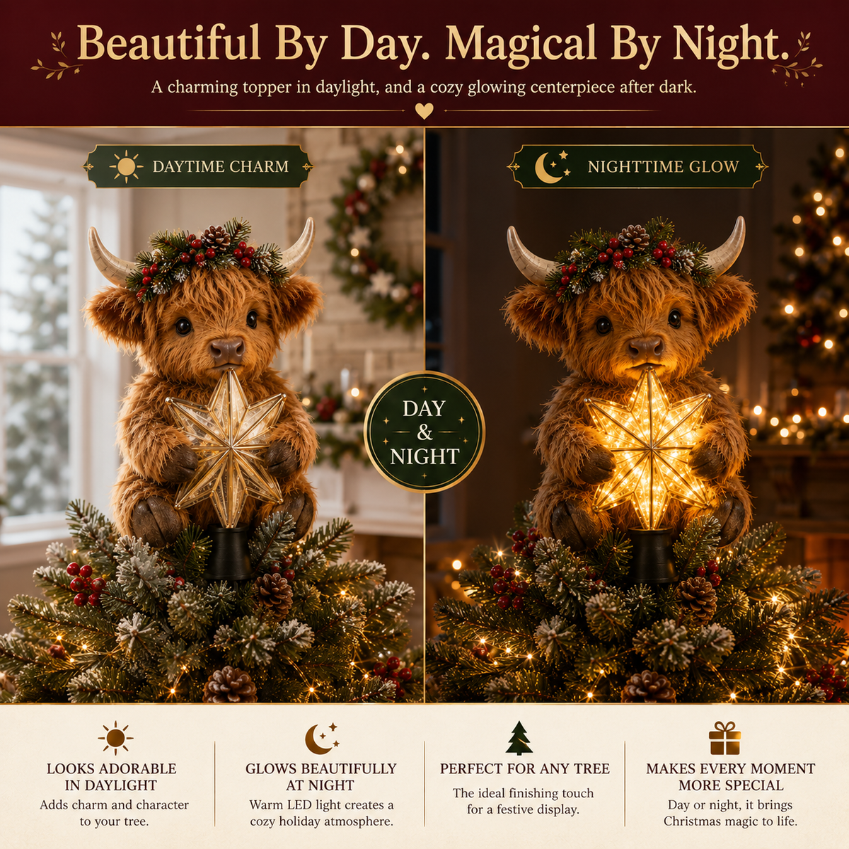 🎄 Baby Highland cow as a shining star‑shaped tree ornament ✨