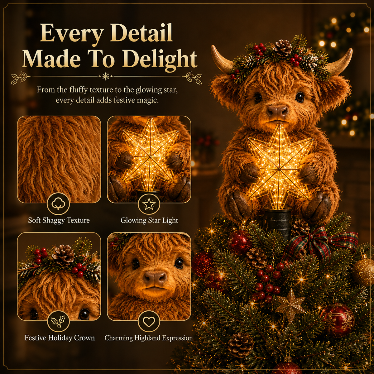 🎄 Baby Highland cow as a shining star‑shaped tree ornament ✨