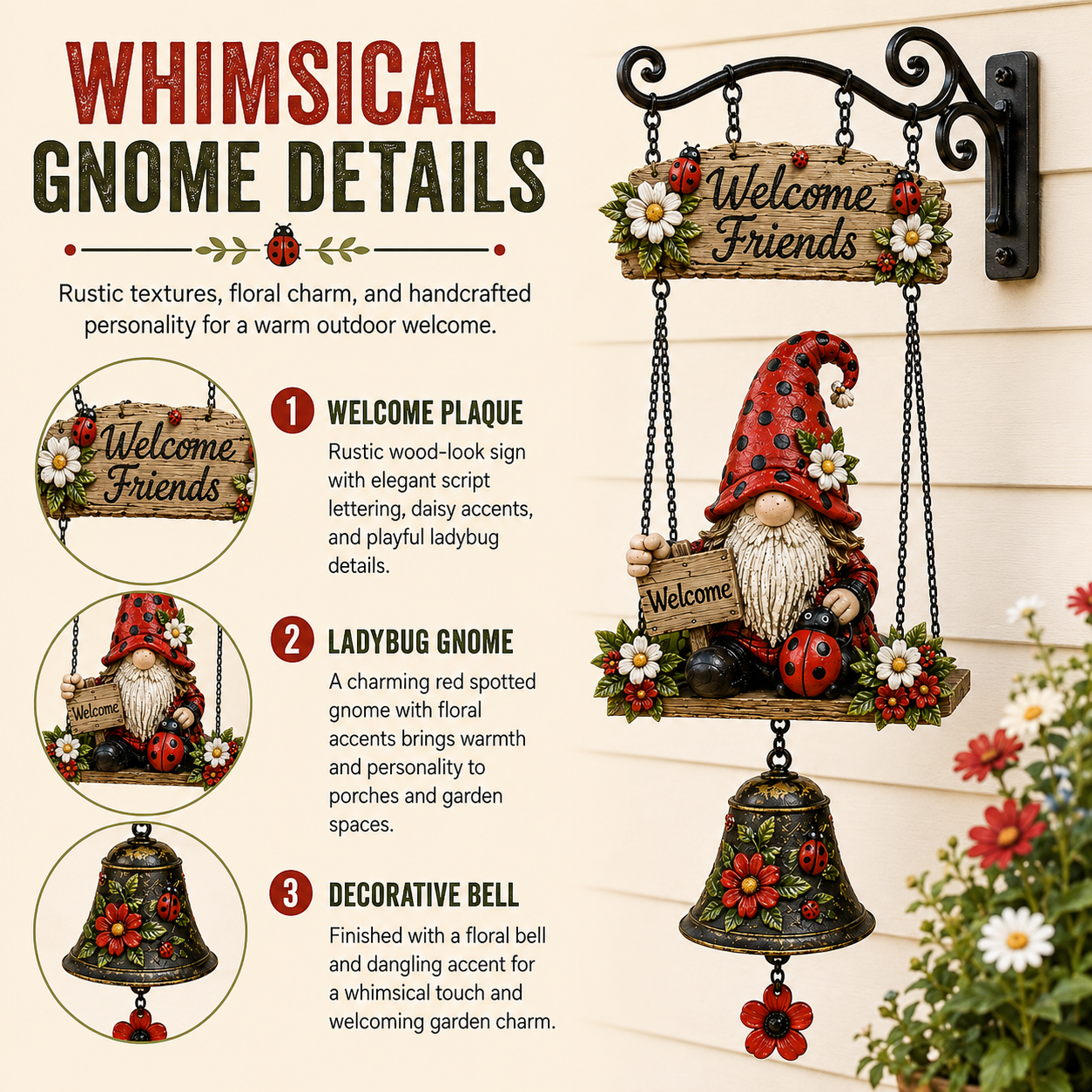 🐞 Rustic Garden Gnome Bell Outdoor Decoration 🌼