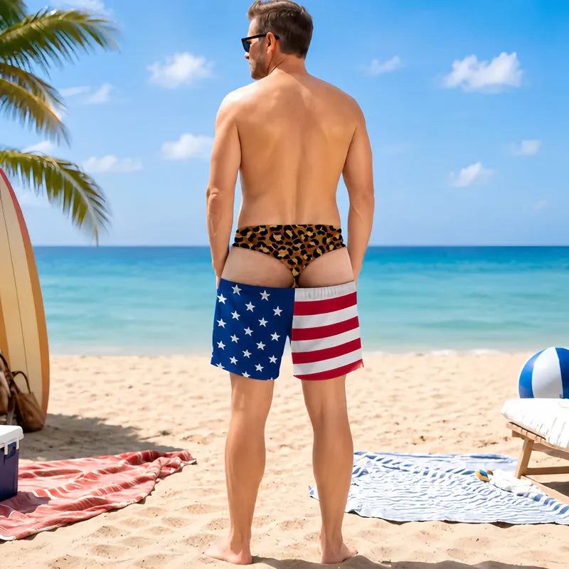🩳 Fun cowboy‑style leopard print beach swim shorts